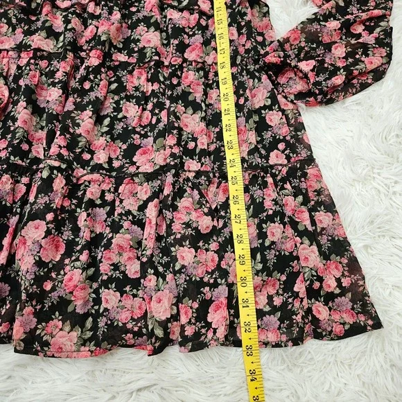 NWT Francesca's Sz L Pink Floral Babydoll Balloon Sleeve Tiered Mini Dress - Picture 7 of 11